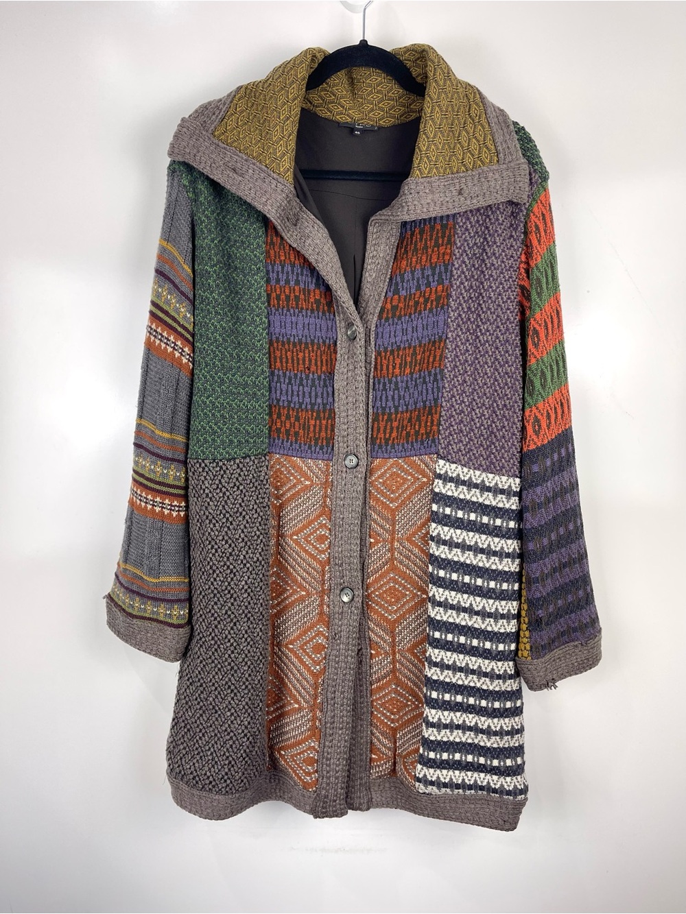 Etro Milano Vintage Wool Patchwork Knit Cardigan Sweater 46 Long Jacket *Flawed
